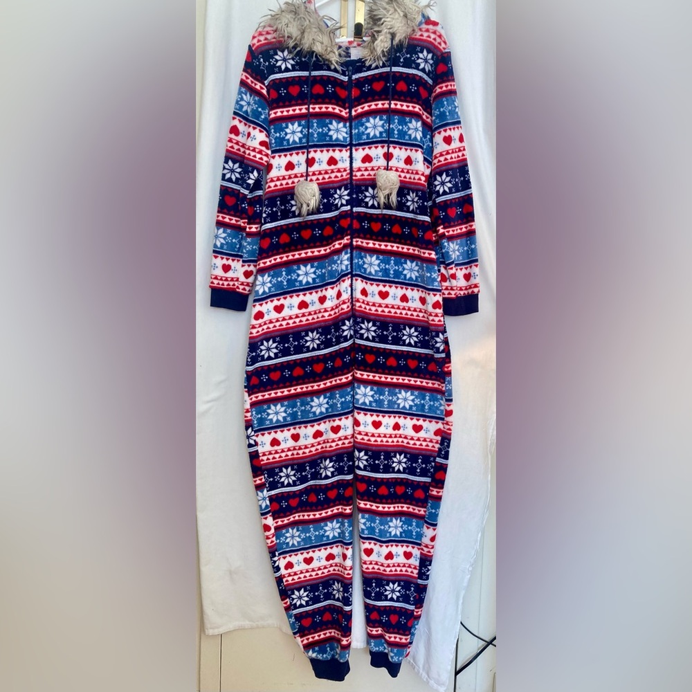 Secret Treasures Blue Red & White Hooded Holiday Onesie Size L